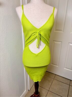 Lime Green Cutout Tie Front Bodycon Ribbed Mini Dress Y2K Club Partywear Large